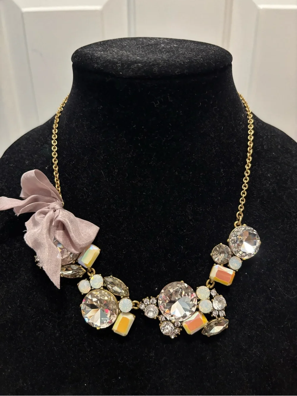 J. Crew Gold-Tone Crystal Necklace with Pale Pink Ribbon